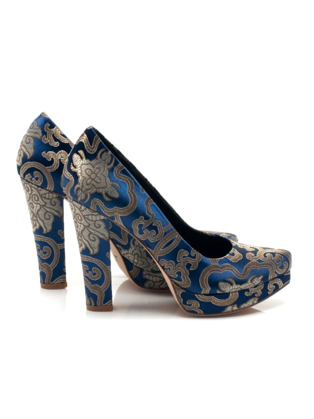 New Jacquard Satin & Genuine Leather Platform Heel Pumps NYC Designer Handmade